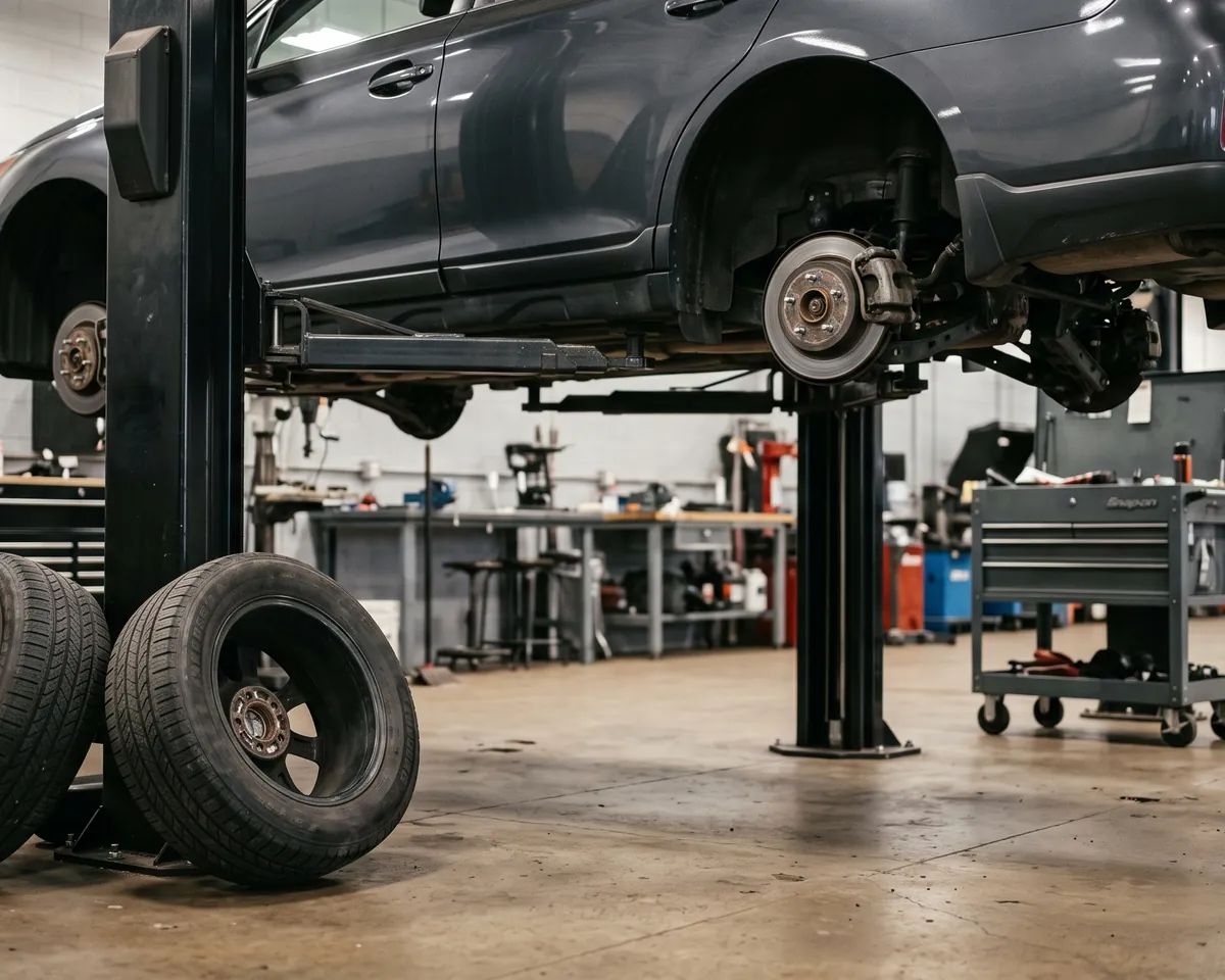A bay in Cleveland with a vehicle on the lift and all four wheels off